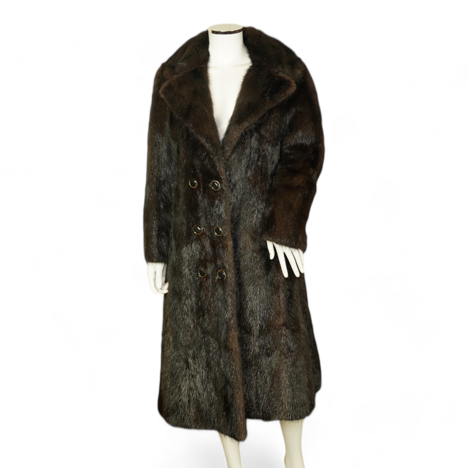 A musquash fur full length coat, a musquash fur three quarter length coat and a mink fur bolero, all approx. size 12